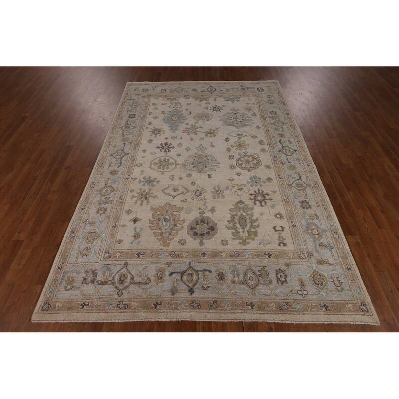 Vegetable Dye Oushak Turkish Area Rug Handmade Beige Wool Carpet - 6'3"x 8'11"