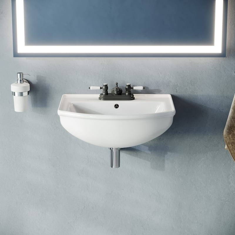 Tahoe White Ceramic Wall Hung Vessel Sink with Overflow and 4" Centerset Faucet Holes