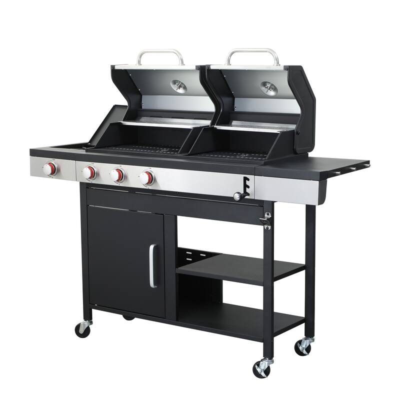 3-Burner Propane Gas BBQ Grill with Side Burner, 37230BTU Output With Enameled Cast Iron Cooking Grids