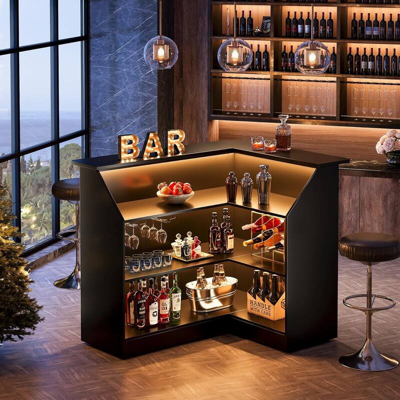 L-Shaped Home Bar Table with Stemware Racks for Home Pub