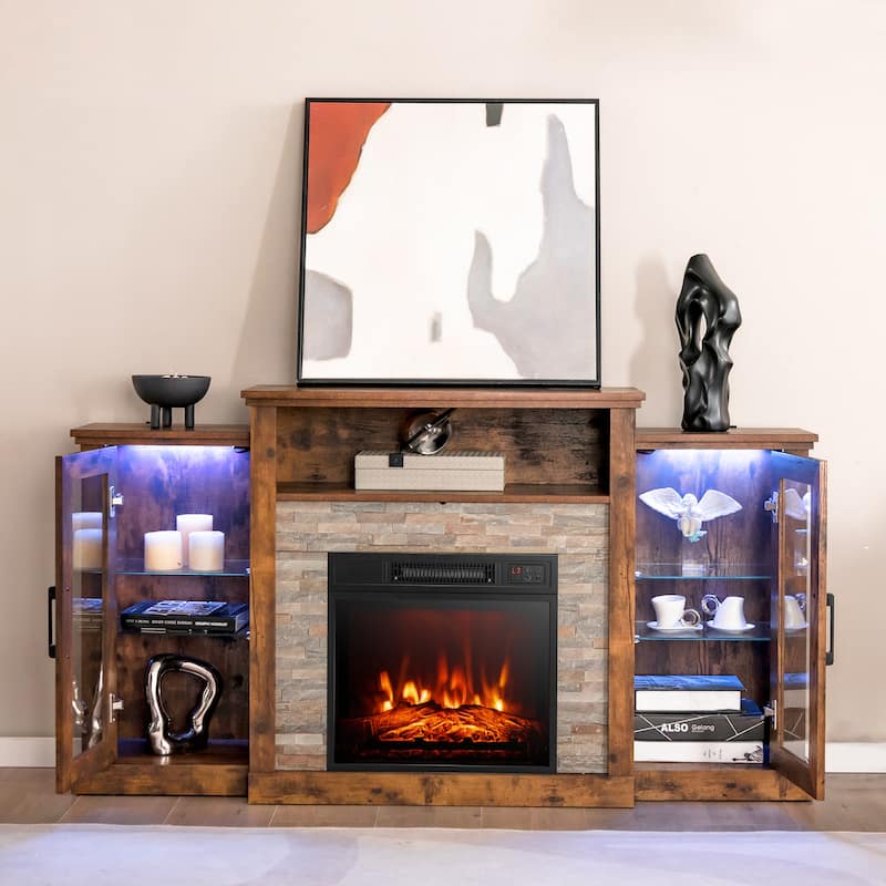 Electric Fireplace TV Stand with 16-Color LED Lights and Adjustable Glass Shelves for Living Room - 59" x 10" x 32.5"