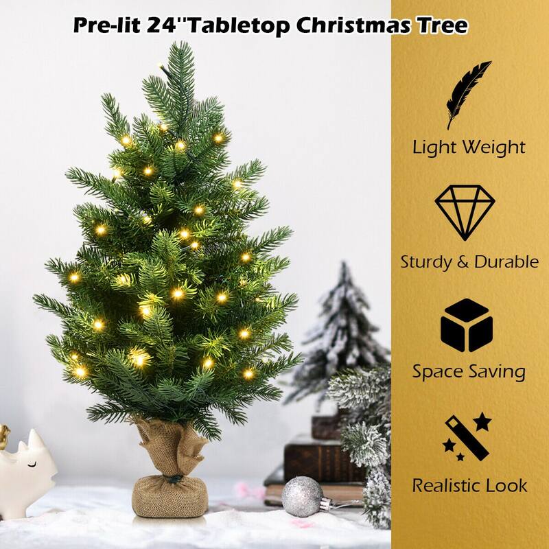 Gymax 24" Mini Artificial Christmas Tree Tabletop Pre-Lit LED Fir Tree
