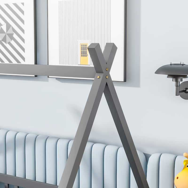 Twin Tent-shaped Floor Bed with Guardrails and Slats, Grey