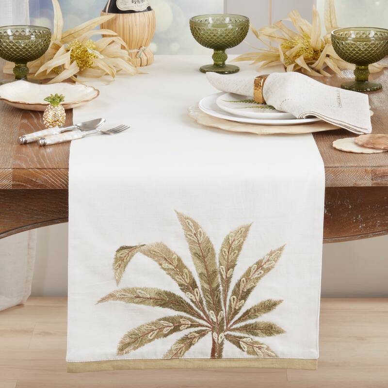 Palm Leaf Embroidered Table Runner - Decorative Botanical Accent for Dining Tables & Consoles, 16"x72"