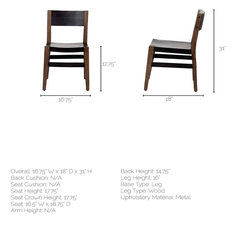 Nell I Black Iron Seat Solid Brown Wooden Base Dining Chair - 16.8L x 18.0W x 31.0H