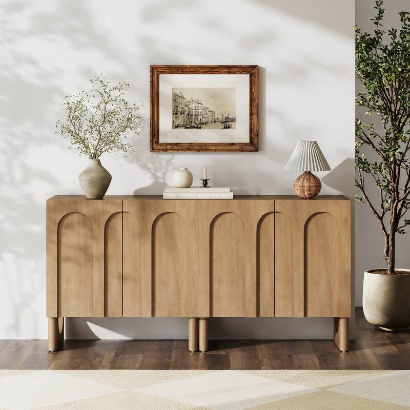 Jett Mid Century Modern Wood Credenza Storage Cabinet, Modular Arched Door Cabinet with Solid Wood Legs - Set of 2