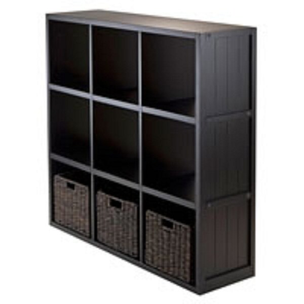 Set of 4 Black and Brown Storage Shelf with Three Corn Husk Basket - N/A