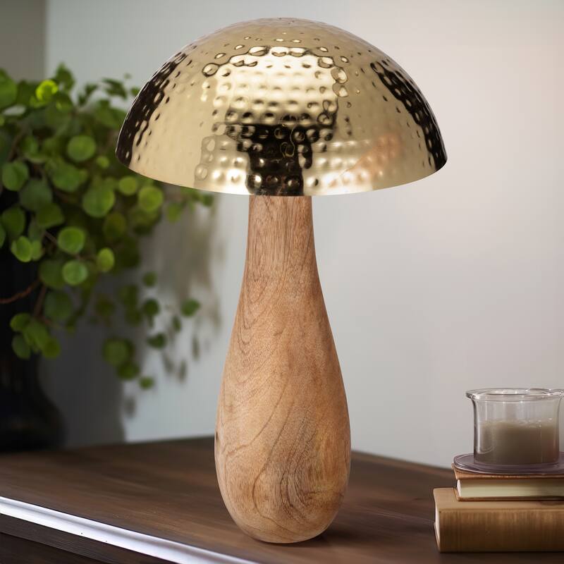 Sagebrook Home Metal Mushroom With Wood Base, Gold, Novelty, Two-Tone, Boheme Decorative Accessories