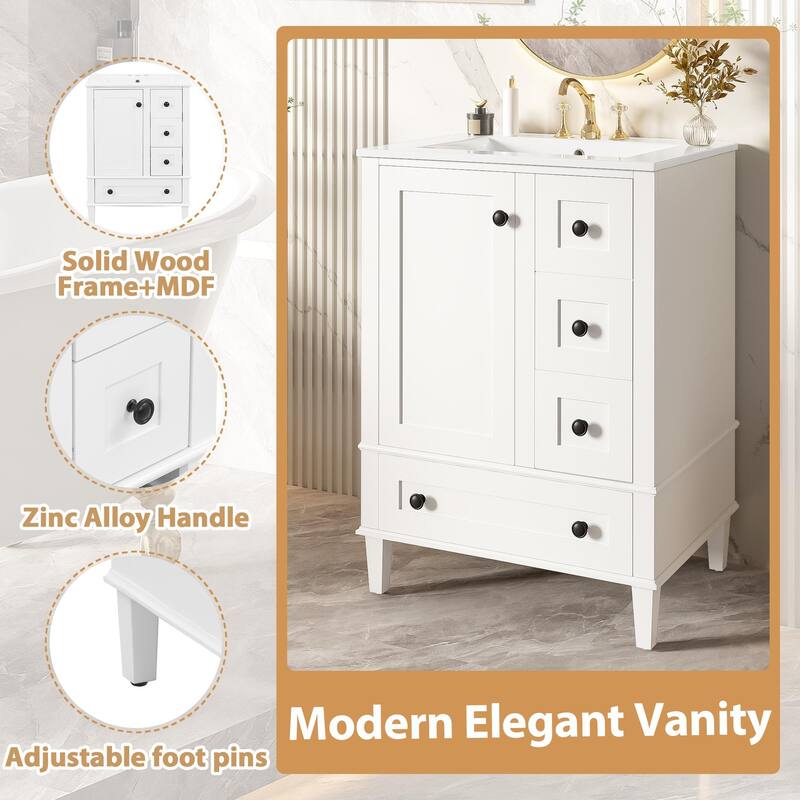 24 Inch Single Sink Bathroom Vanity, Integrated Ceramic Basin Bathroom Storage Cabinet