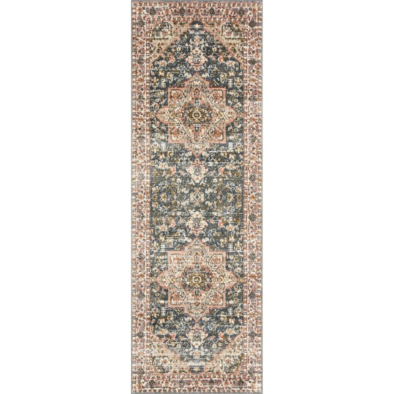 Alexander Home Valeria Distressed Boho Medallion Star Area Rug - 2' 7" x 12' - Blue/Multi - Runner
