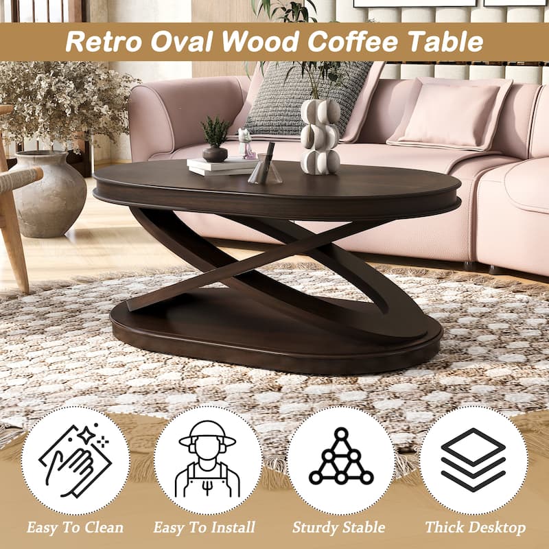 Wood Oval Coffee Table with X-Shaped Base, Cocktail Table with Open Storage, Sofa Center Table with Rounded Corners