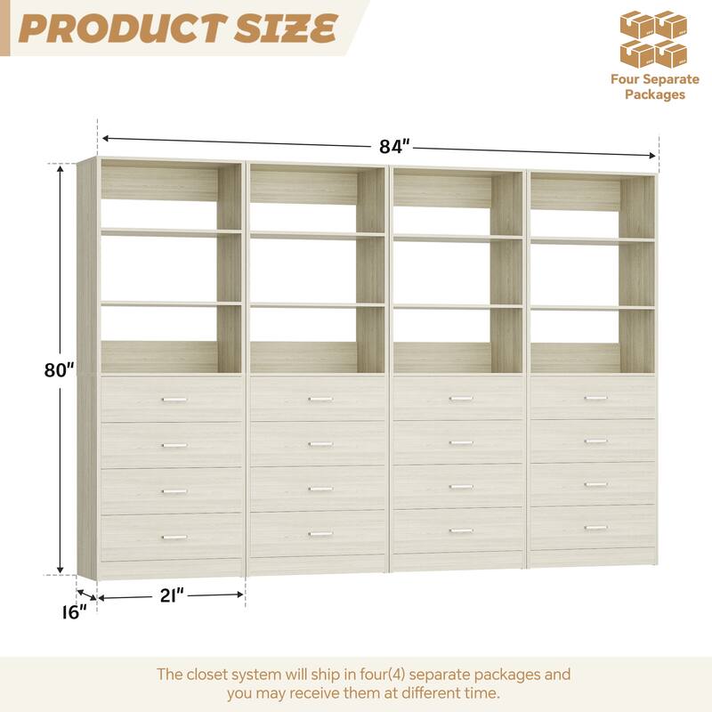 Freestanding Closet Organizer with 4 Drawers and 4 Shelves, Wooden Closet System for Walk-in Closet