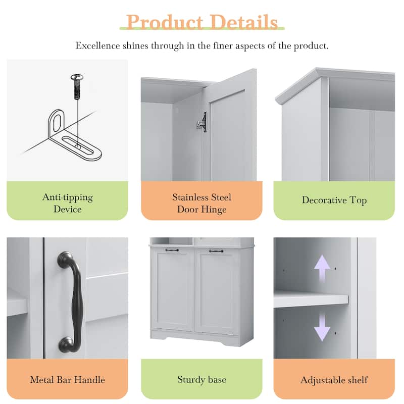 Bathroom Storage Cabinet with Doors and Drawers, Tilt-Out Laundry Hamper, Multiple Storage Space, Freestanding
