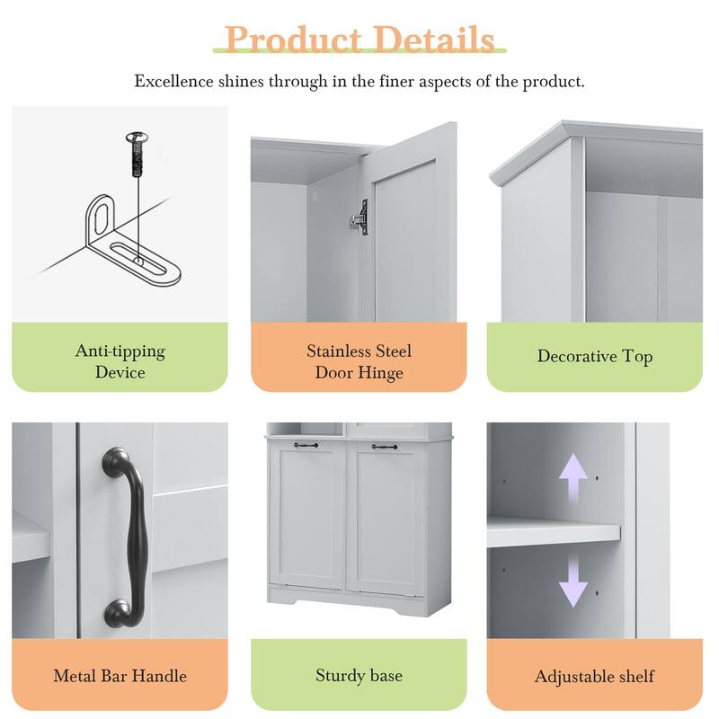 Bathroom Storage Cabinet with Tilt-Out Laundry Hampers, Adjustable Shelves & Door, Freestanding MDF Organizer