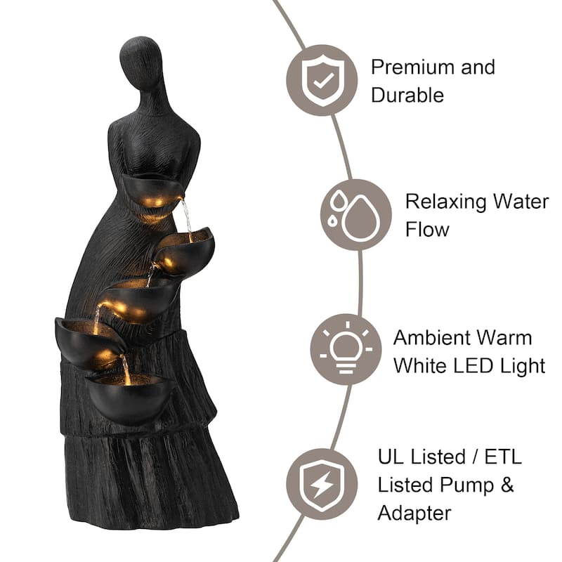 Glitzhome 39"H LED Polyresin 5-Tiered Woman Stone Sculpture Water Fountain Outdoor