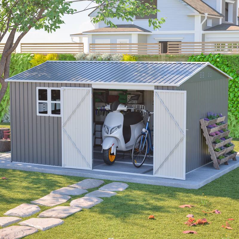 GDFStudio - Cassandra Large Outdoor Metal Storage Shed with Lockable Doors for Secure Vehicle and Equipment Storage