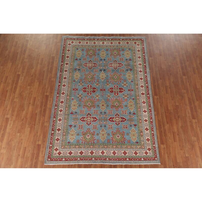 Hand Knotted Oriental 100% Wool Carpet Traditional All-Over Navy Blue & Blues Kazak Area Rug - 9' 8'' X 6' 6''