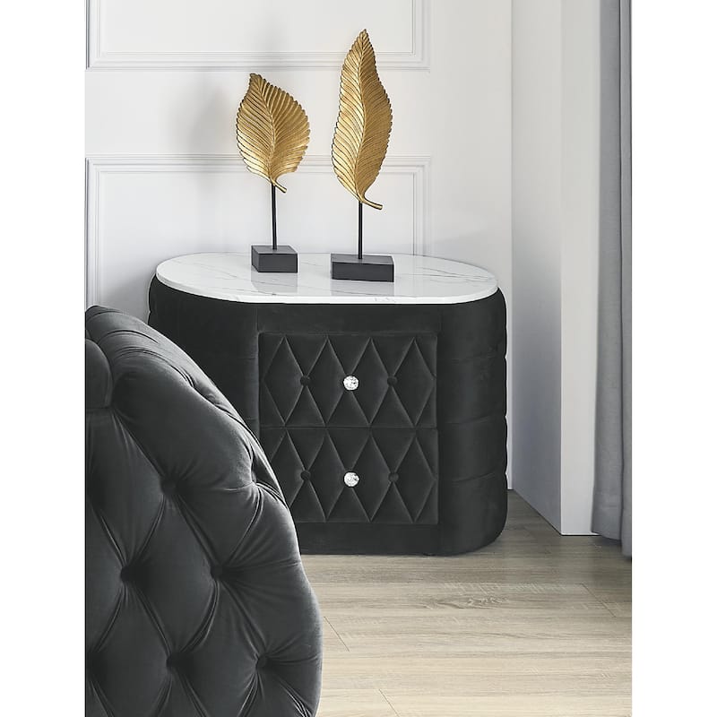 1pc Oval Faux Marble Top Nightstand 2- Drawers Storage Button Tufted Faux Crystal Tufted