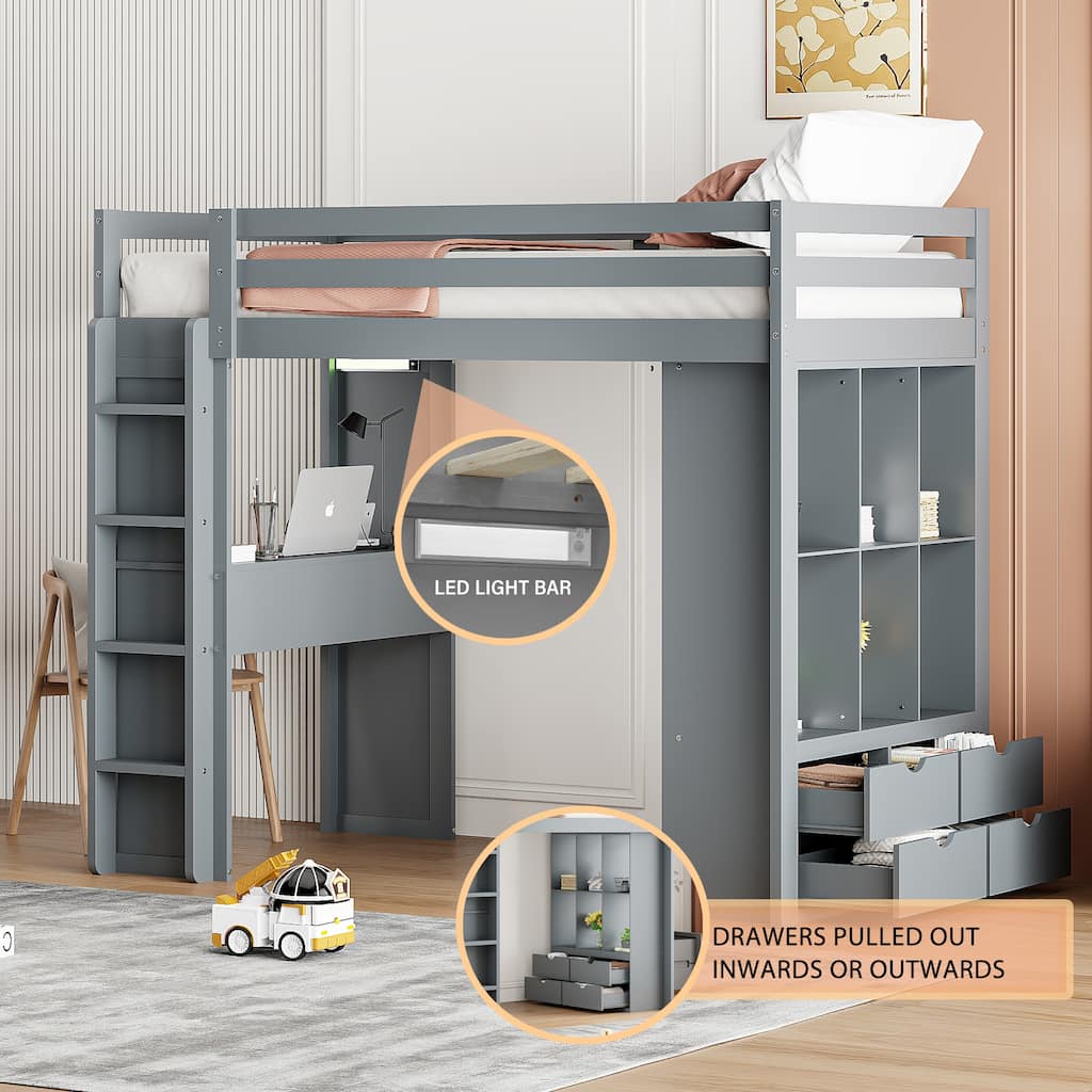 Gray Twin Size Solid Wood Loft Bed with large shelves, writing desk and LED Light for Bedroom