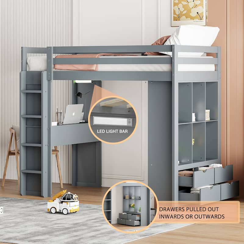 Twin Size Solid Wood Loft Bed with large shelves, writing desk and LED Light for Bedroom - Twin - Gray