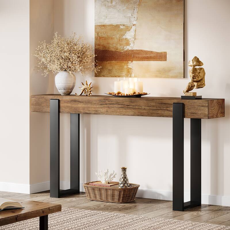 63 Inch Long Entryway Console Table, Solid Wood Top and Metal Legs