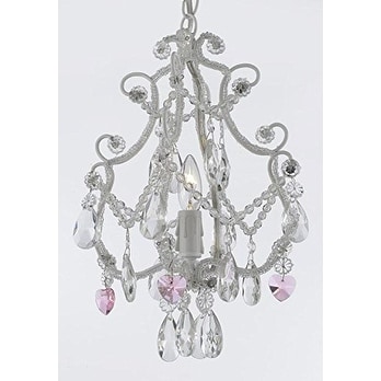 Wrought Iron & Crystal 1 Light Chandelier Pendant White with Pink Crystal Hearts Perfect for Kid's Rooms ! Hardwire and Plug In - Chandeliers For Bedrooms by Overstock.com