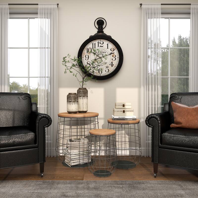 Brown Metal Decorative and Functional Storage Basket with Wood Lids (Set of 3)