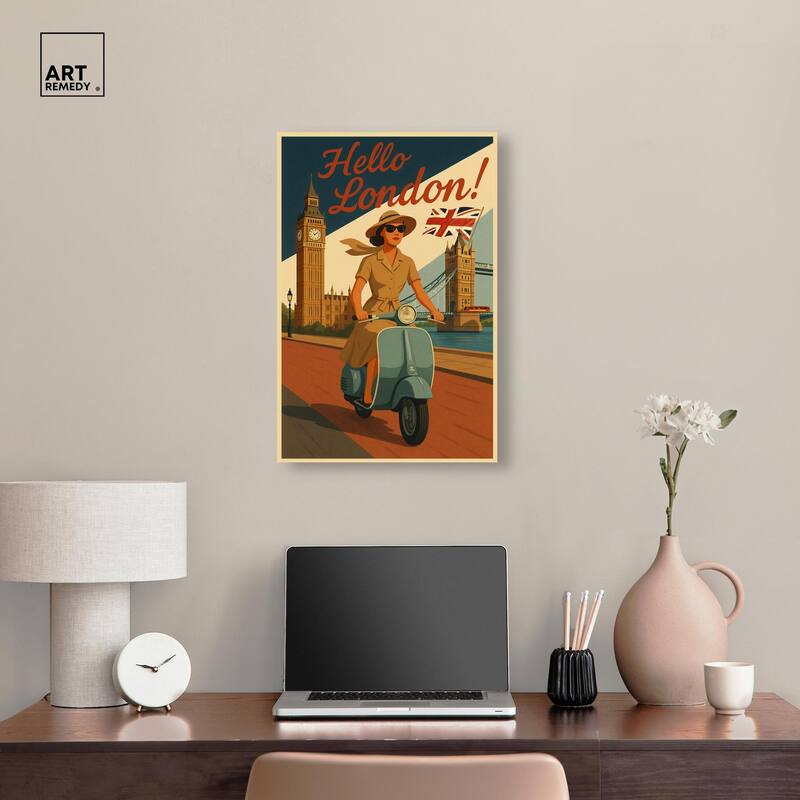 Scooter English Travel Canvas by Art Remedy, Gallery Wrapped