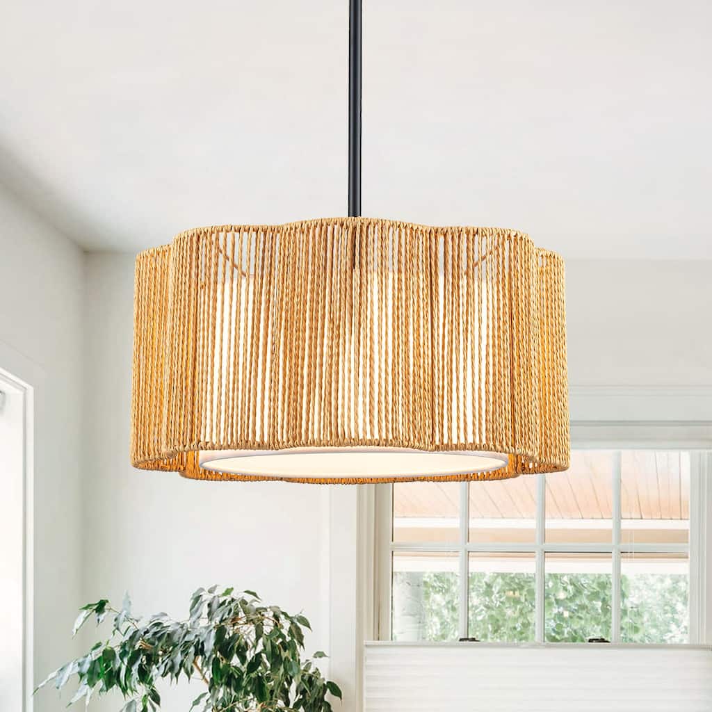 Farmhouse 1-Light Drum Pendant Light with Woven Shades - Black
