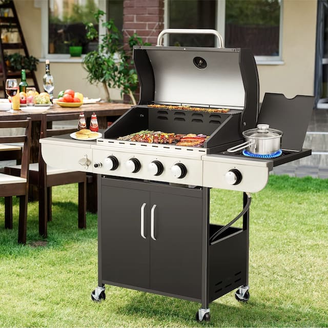 Erommy 3/4 +1 Burner BBQ Propane Gas Grill，24,000/ 36,000 BTU Stainless Steel Patio Barbecue Grill with Stove and Side Table