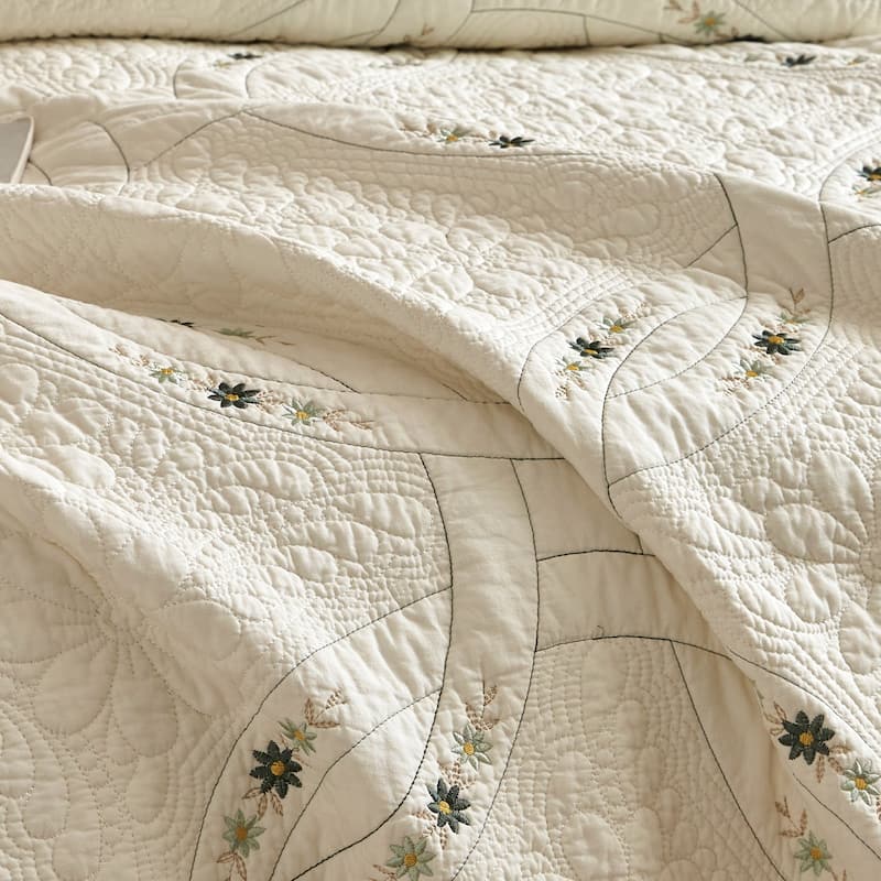 3Pcs Lightweight Cotton Quilt European Cottage Floral Bedspread Set