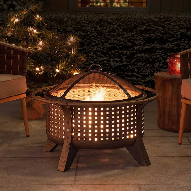 Sunjoy 30 in. Outdoor Wood-Burning Fire Pit, Patio Woven Round Steel Firepit Outside with Spark Screen and Poker - N/A - Brown - Wood