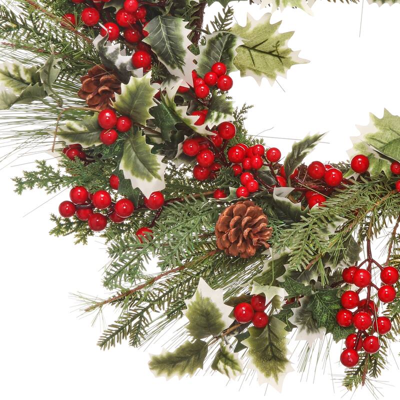 24" Berry/Varigated Holly/Spruce Wreath - Green Red - 24-Inch