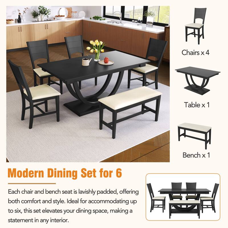 Modern 6-Piece Rubberwood Dining Set with Half Round Dining Table, 4 Chairs & Bench for Dining Room
