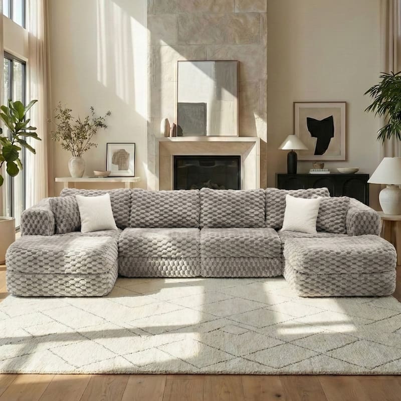 135.4" Bubble Velvet Fabric Sectional Sofa with 2 Ottomans - Grey