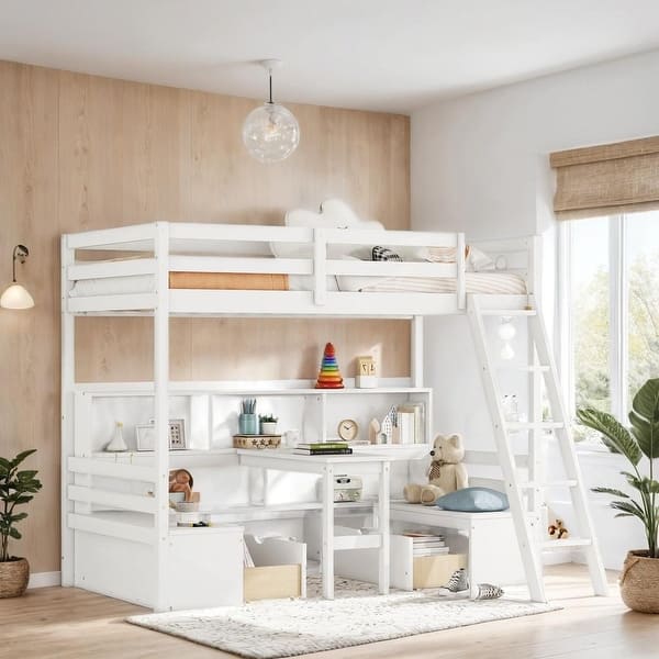 slide 2 of 8, Twin Loft Bed With Storage Shelves, Drawers, Seat and Desk, Grey White