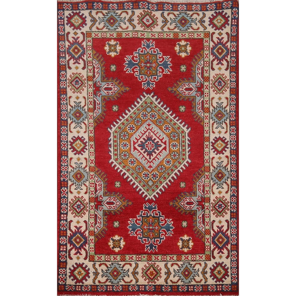 Geometric Red Kazak Accent Rug Home Decor Hand-Knotted Wool Carpet - 2'10" x 4'5"
