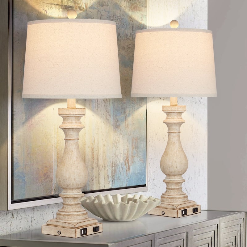 27.5'' Beige Bedside Resin Table Lamps with Built-in USB Ports, and Touch Control (Set of 2) - 12.5'' x 12.5'' x 27.5''