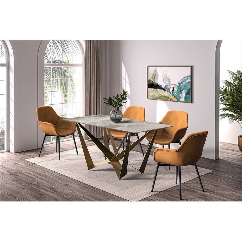 Nuvor Rectangular Sintered Stone or Glass Tabletop Dining Table with Powder-Coated Gold Steel Base for Kitchens & Dining Rooms