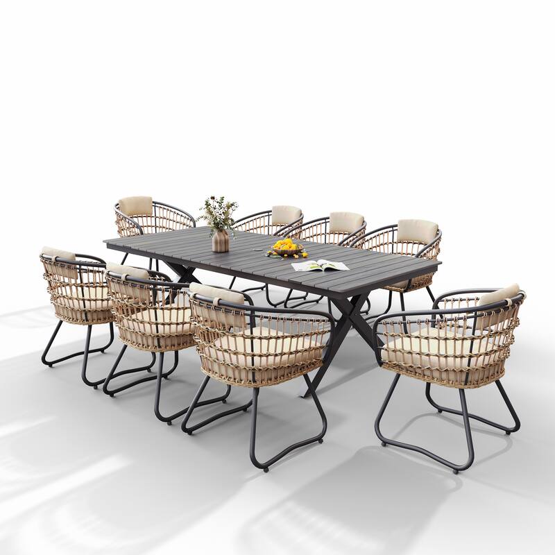 9PC Outdoor Patio Aluminum X-Frame Dining Set Table with Rattan Chairs Umbrella Hole - Table-Grey&Chair-Beige