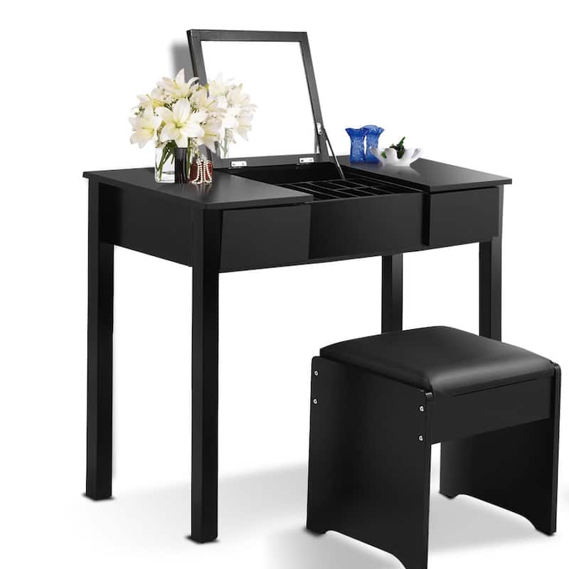 Vanity Makeup Dressing Table Set with Cell Storage Box-Black - 35.4" x 15.7" x 29.5" (L x W x H)