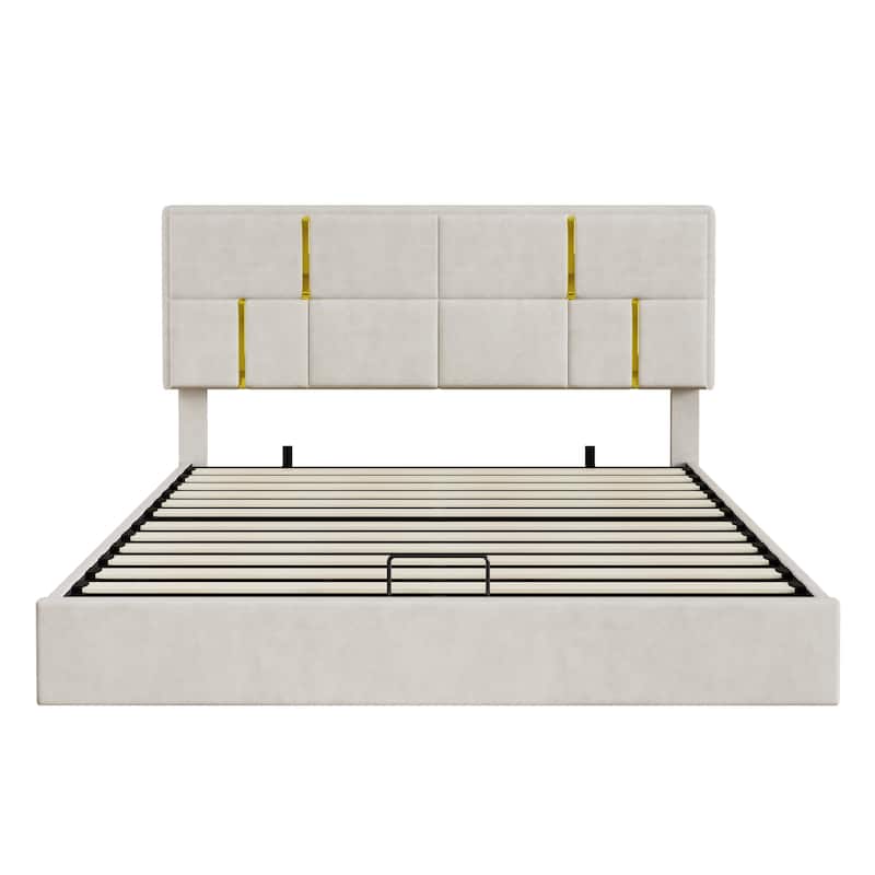 Modern Elegance 2-Piece Bedroom Set with Lift-Up Storage Platform Bed and Gold-Leg Ottoman by Harper&Bright Designs