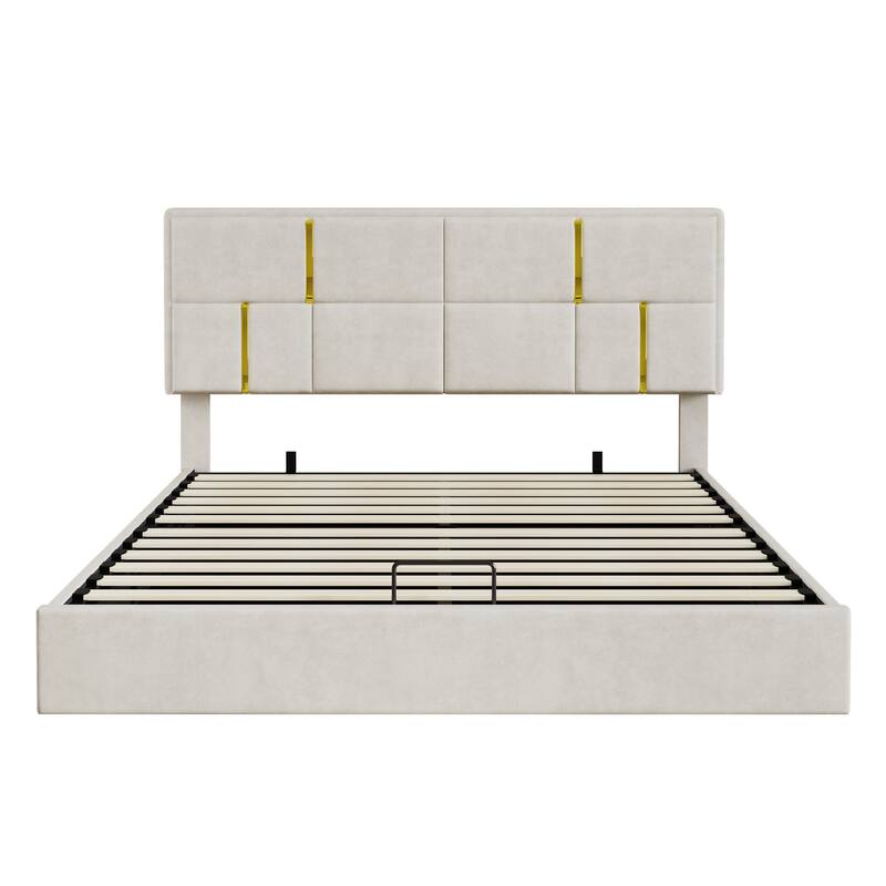 Roomfitters 2 Piece Bedroom Set, Queen Upholstered Platform Bed with Hydraulic Lift Base and Matching Ottoman Bench, Beige