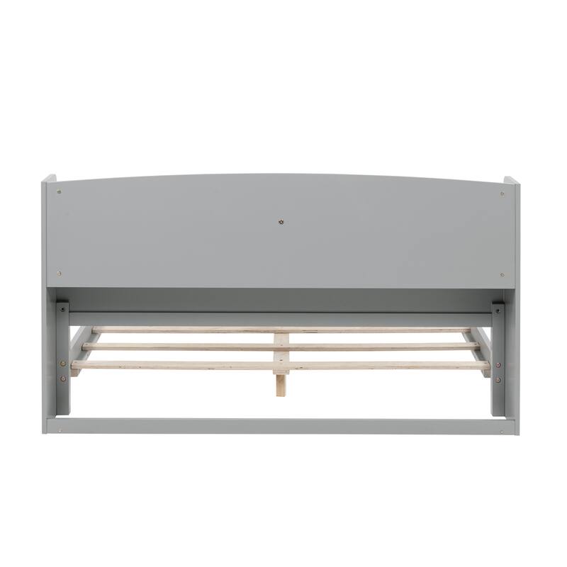 Full Size Pine Bed w/ Bookcase Headboard ,LED Sensor Light, Guardrails
