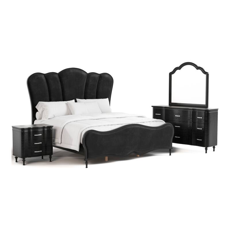 Furniture of America Seabliss Glam 4-Piece Black Solid Wood Panel Bedroom Set