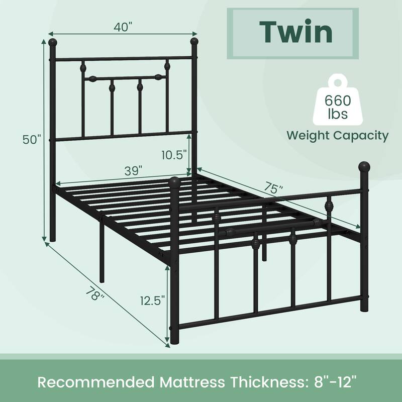 Metal Bed Frame with Built-In Headboard for Strong Support