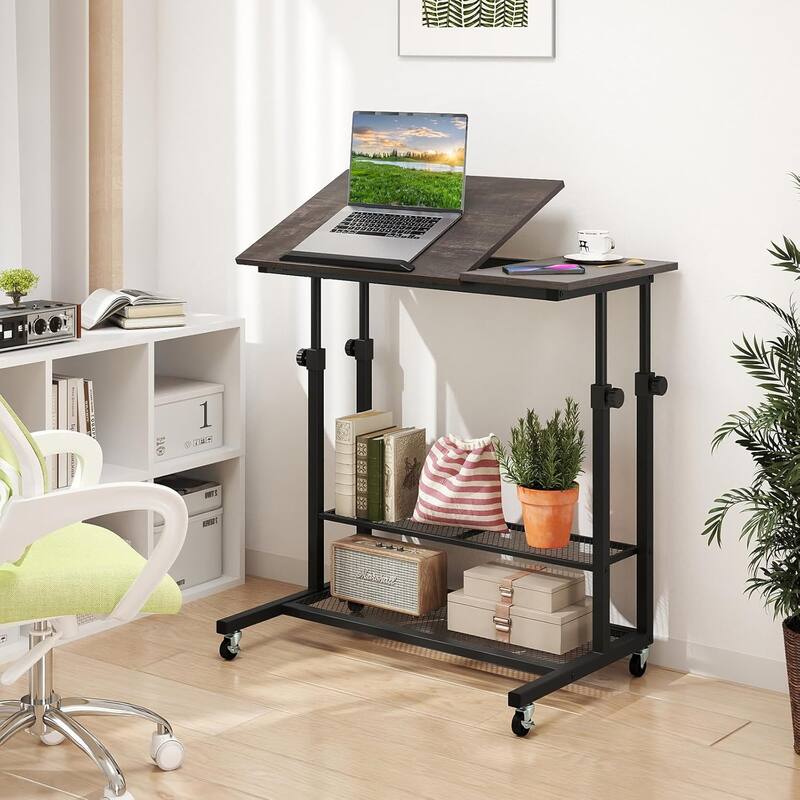 Mobile Standing Desk Adjustable Computer Desk w/Tilting Desktop