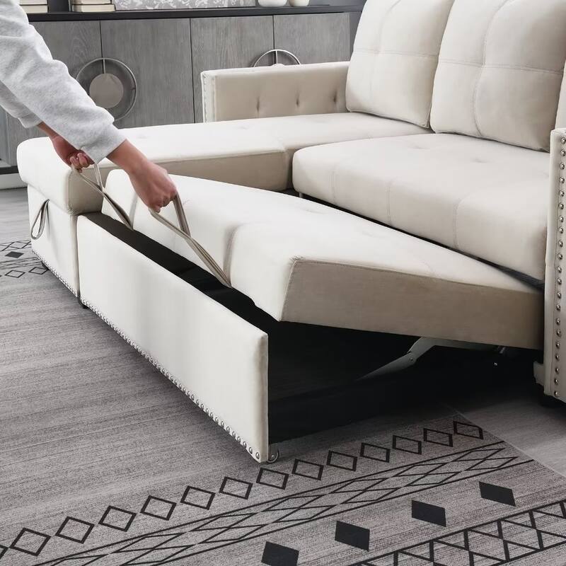 Morden Fort Reversible L-Shaped Sofa Bed with Storage - Velvet Upholstery, Button Tufting, and Nailhead Trim