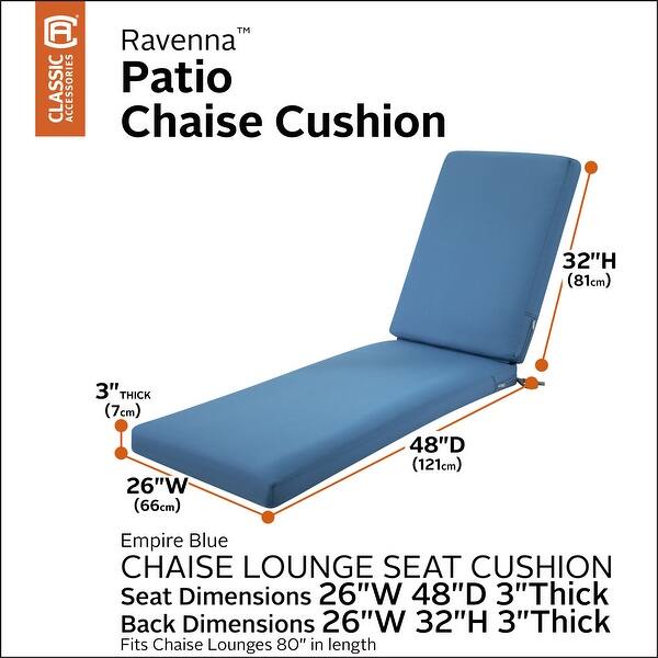 dimension image slide 5 of 6, Classic Accessories Ravenna Water-Resistant Patio Chaise Cushion, 80 x 26 x 3 Inch