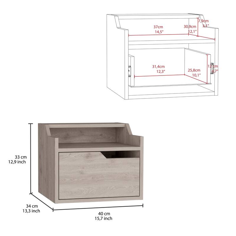 Modern Floating Nightstand with Single Drawer and Two-Tiered Shelf - Light Grey
